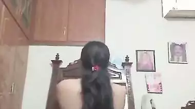 Long hair wife shows naked body curves in shyness